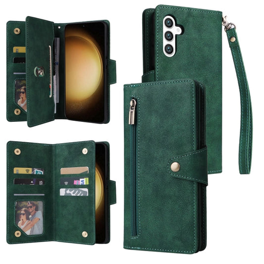 For Samsung Galaxy S25+ 5G Rivet Buckle 9 Cards Three Fold Leather Phone Case(Green) - Galaxy S25+ 5G Cases by PMC Jewellery | Online Shopping South Africa | PMC Jewellery | Buy Now Pay Later Mobicred