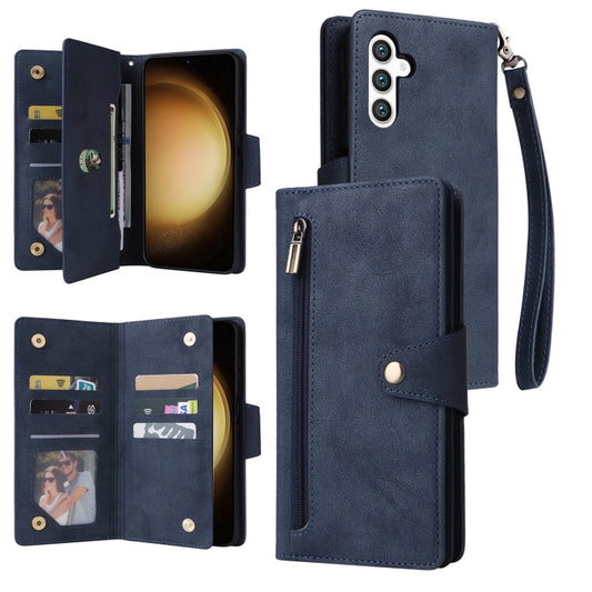 For Samsung Galaxy S25+ 5G Rivet Buckle 9 Cards Three Fold Leather Phone Case(Blue) - Galaxy S25+ 5G Cases by PMC Jewellery | Online Shopping South Africa | PMC Jewellery | Buy Now Pay Later Mobicred