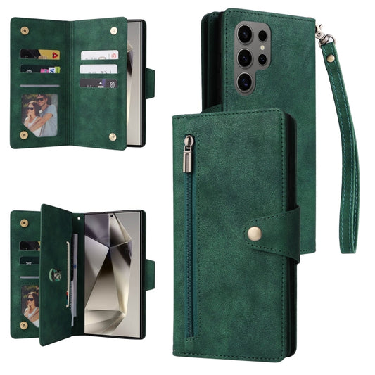 For Samsung Galaxy S25 Ultra 5G Rivet Buckle 9 Cards Three Fold Leather Phone Case(Green) - Galaxy S25 Ultra 5G Cases by PMC Jewellery | Online Shopping South Africa | PMC Jewellery | Buy Now Pay Later Mobicred