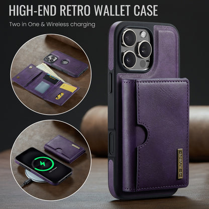 For iPhone 16 Pro DG.MING M6 Series RFID Tri-fold Card Bag Removable Leather Phone Case(Purple) - iPhone 16 Pro Cases by DG.MING | Online Shopping South Africa | PMC Jewellery | Buy Now Pay Later Mobicred