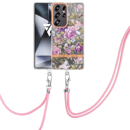 For Samsung Galaxy S25 Ultra 5G Flowers and Plants Series IMD TPU Phone Case with Lanyard(Purple Peony) - Galaxy S25 Ultra 5G Cases by PMC Jewellery | Online Shopping South Africa | PMC Jewellery | Buy Now Pay Later Mobicred