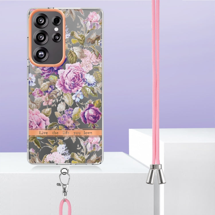 For Samsung Galaxy S25 Ultra 5G Flowers and Plants Series IMD TPU Phone Case with Lanyard(Purple Peony) - Galaxy S25 Ultra 5G Cases by PMC Jewellery | Online Shopping South Africa | PMC Jewellery | Buy Now Pay Later Mobicred