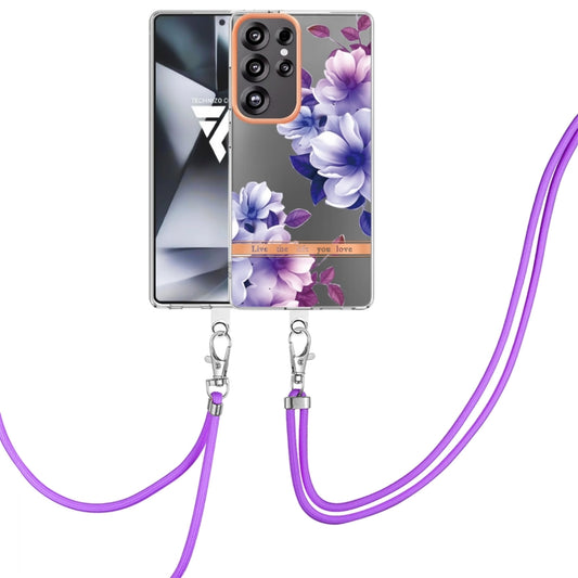 For Samsung Galaxy S25 Ultra 5G Flowers and Plants Series IMD TPU Phone Case with Lanyard(Purple Begonia) - Galaxy S25 Ultra 5G Cases by PMC Jewellery | Online Shopping South Africa | PMC Jewellery | Buy Now Pay Later Mobicred