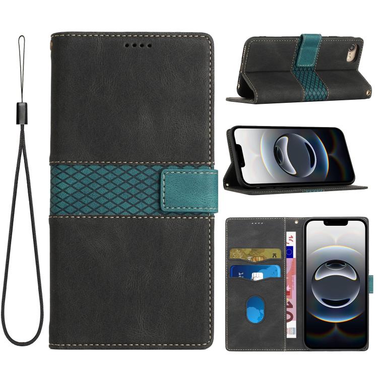 For iPhone 16e Grid Stitching Leather Phone Case with Lanyard(Black) - iPhone 16e Cases by PMC TechLife | Online Shopping South Africa | PMC TechLife | Buy Now Pay Later Mobicred