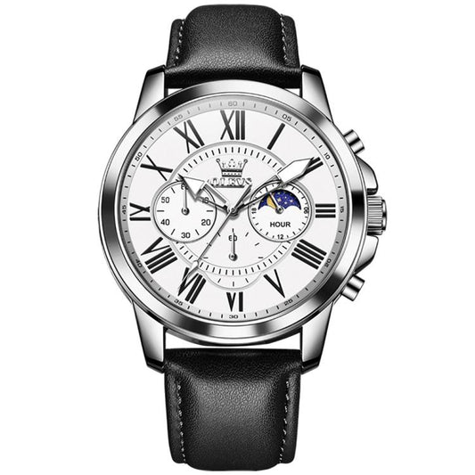 OLEVS 3632 Men Multifunctional Large Dial Luminous Waterproof Quartz Watch(Black + White) - Leather Strap Watches by OLEVS | Online Shopping South Africa | PMC Jewellery | Buy Now Pay Later Mobicred