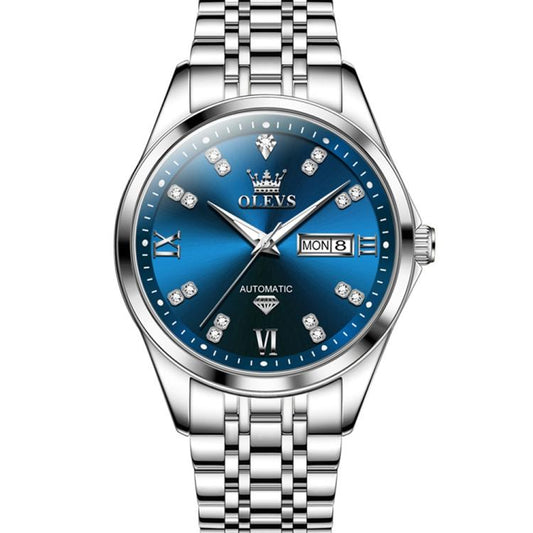 OLEVS 9801 Men Diamond Waterproof Dual Calendar Mechanical Watch(Blue) - Metal Strap Watches by OLEVS | Online Shopping South Africa | PMC Jewellery | Buy Now Pay Later Mobicred