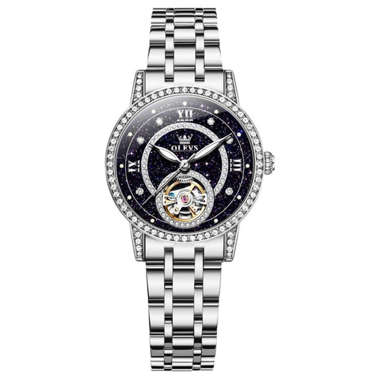 OLEVS 7036 Women Starry Sky Disk Luminous Skeleton Mechanical Watch(Silver Black) - Metal Strap Watches by OLEVS | Online Shopping South Africa | PMC Jewellery | Buy Now Pay Later Mobicred