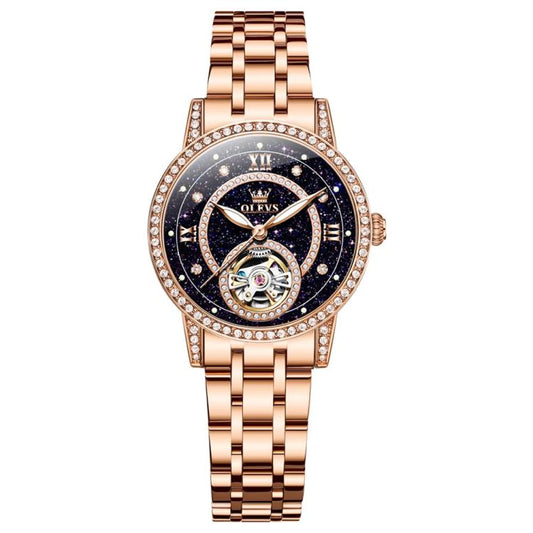 OLEVS 7036 Women Starry Sky Disk Luminous Skeleton Mechanical Watch(Rose Gold Black) - Metal Strap Watches by OLEVS | Online Shopping South Africa | PMC Jewellery | Buy Now Pay Later Mobicred