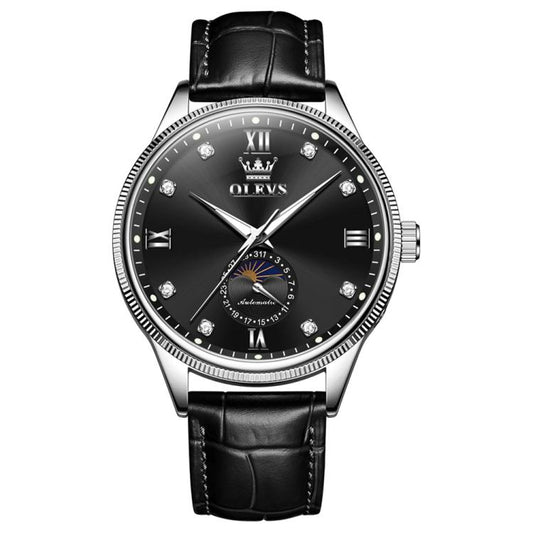 OLEVS 7039 Men Sun Moon Star Luminous Waterproof Mechanical Watch(Black) - Leather Strap Watches by OLEVS | Online Shopping South Africa | PMC Jewellery | Buy Now Pay Later Mobicred