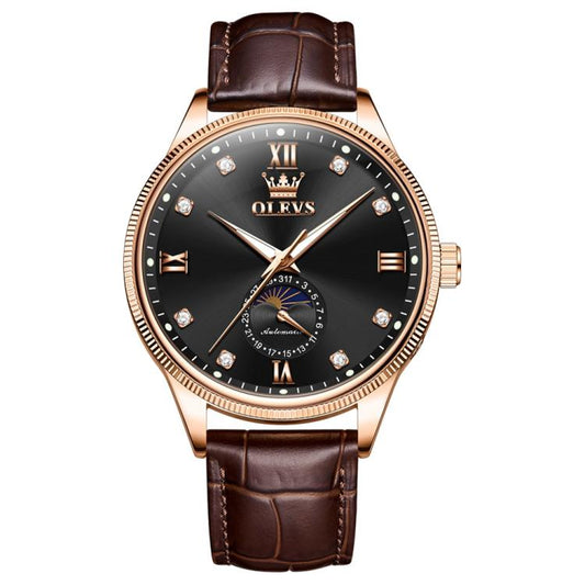 OLEVS 7039 Men Sun Moon Star Luminous Waterproof Mechanical Watch(Rose Gold + Black) - Leather Strap Watches by OLEVS | Online Shopping South Africa | PMC Jewellery | Buy Now Pay Later Mobicred