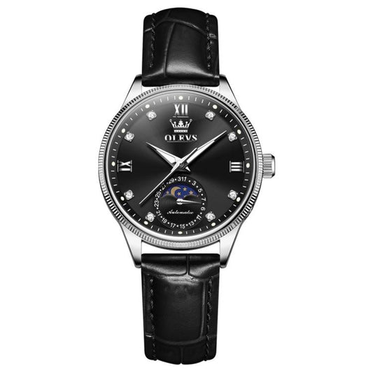 OLEVS 7039 Women Sun Moon Star Luminous Waterproof Mechanical Watch(Black) - Leather Strap Watches by OLEVS | Online Shopping South Africa | PMC Jewellery | Buy Now Pay Later Mobicred