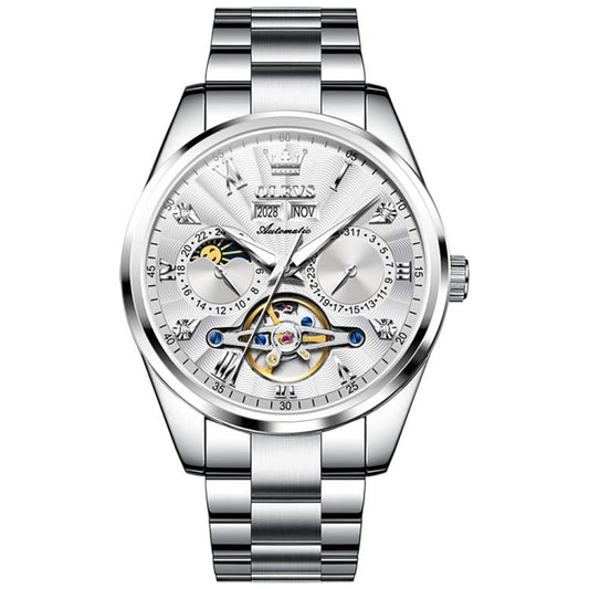 OLEVS 7028 Men Multifunctional Luminous Waterproof Mechanical Watch(White) - Metal Strap Watches by OLEVS | Online Shopping South Africa | PMC Jewellery | Buy Now Pay Later Mobicred