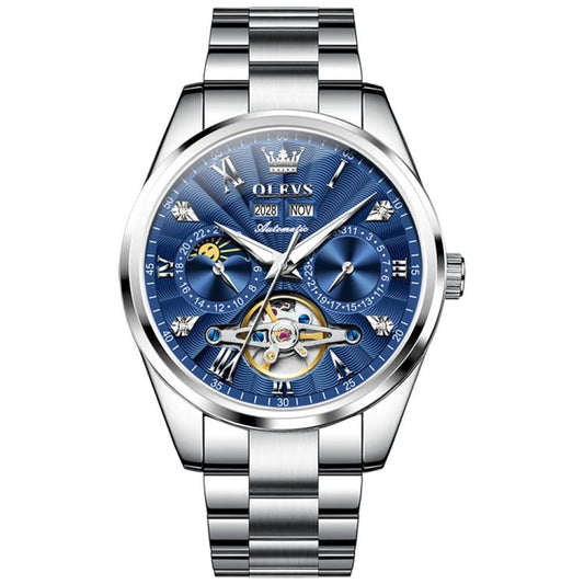 OLEVS 7028 Men Multifunctional Luminous Waterproof Mechanical Watch(Blue) - Metal Strap Watches by OLEVS | Online Shopping South Africa | PMC Jewellery | Buy Now Pay Later Mobicred