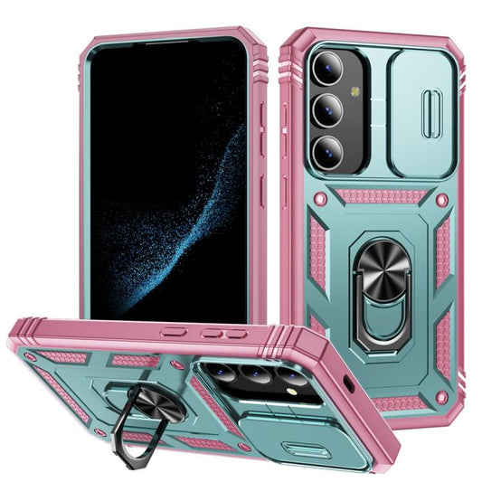 For Samsung Galaxy S25+ 5G Sliding Camshield TPU Hybrid PC Phone Case with Holder(Green+Pink) - Galaxy S25+ 5G Cases by PMC Jewellery | Online Shopping South Africa | PMC Jewellery | Buy Now Pay Later Mobicred