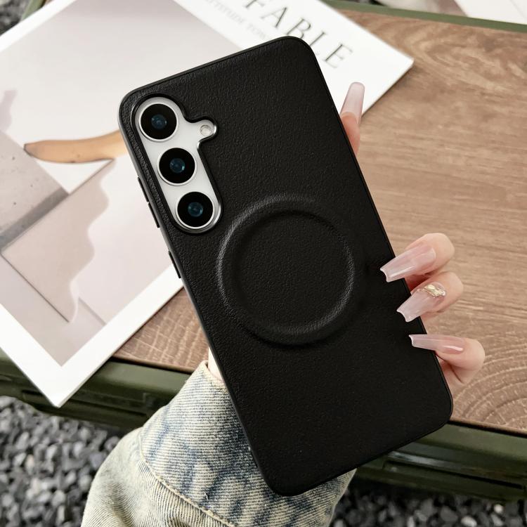 For Samsung Galaxy S25 5G Magsafe Magnetic Plain Leather Phone Case(Black) - Galaxy S25 5G Cases by PMC TechLife | Online Shopping South Africa | PMC TechLife | Buy Now Pay Later Mobicred