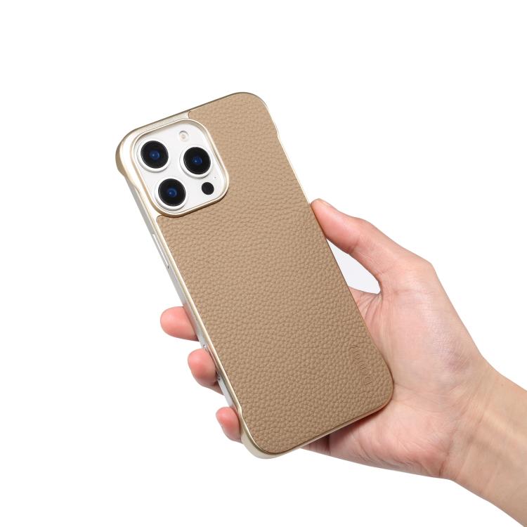For iPhone 15 Plus / 14 Plus Denior A20 Genuine Leather Litchi Texture MagSafe Frameless Phone Case(Khaki) - free shipping - PMc TechLife - Order now!