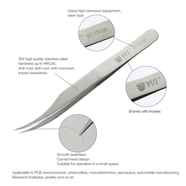 BEST BST-151SA Brushed stainless steel tweezers - free shipping - PMC TechLife - Order now!