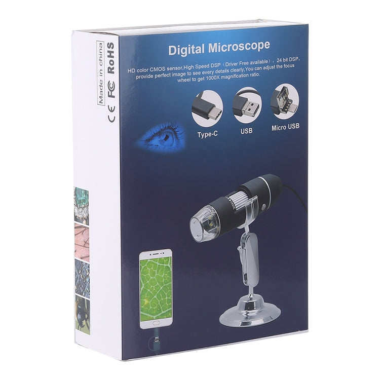 1600X Magnifier HD Image Sensor 3 in 1 USB Digital Microscope with 8 LED & Professional Stand (Black) - Digital Microscope by PMC TechLife | Online Shopping South Africa | PMC TechLife | Buy Now Pay Later Mobicred