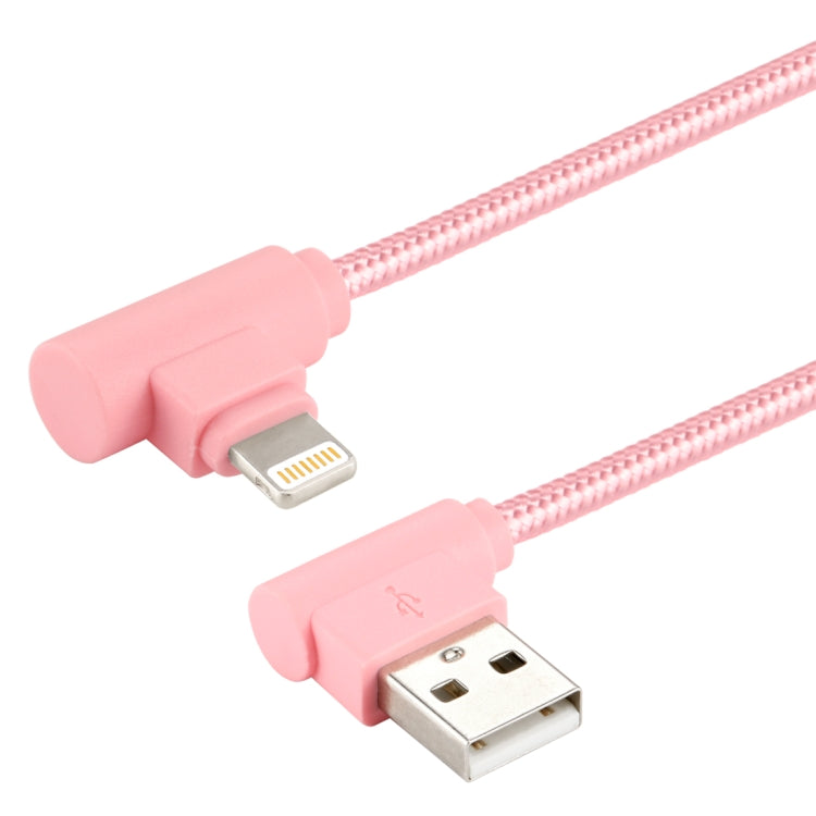 25cm Nylon Weave Style USB to 8 Pin Double Elbow Charging Cable(Pink) - Normal Style Cable by PMC Jewellery | Online Shopping South Africa | PMC Jewellery | Buy Now Pay Later Mobicred