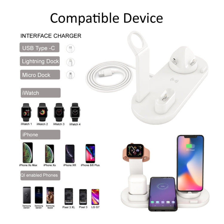 HQ-UD15 5 in 1 8 Pin + Micro USB + USB-C / Type-C Interfaces + 8 Pin Earphone Charging Interface + Wireless Charging Charger Base with Watch Stand (White) - Multifunction Charger by PMC Jewellery | Online Shopping South Africa | PMC Jewellery | Buy Now Pay Later Mobicred