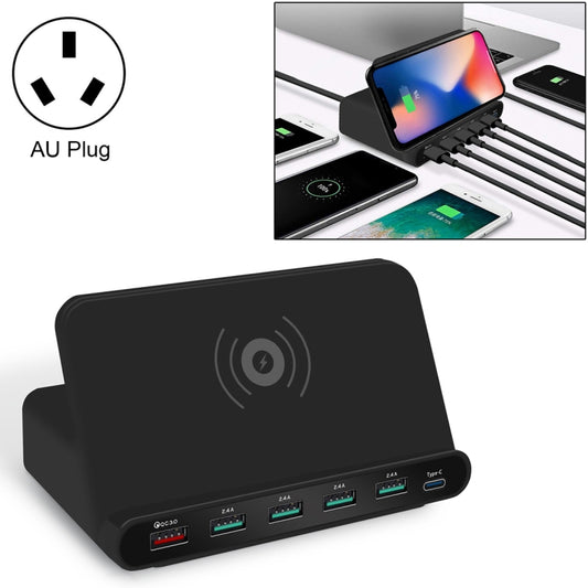 828W 7 in 1 60W QC 3.0 USB Interface + 4 USB Ports + USB-C / Type-C Interface + Wireless Charging Multi-function Charger with Mobile Phone Holder Function, AU Plug(Black) - Multifunction Charger by PMC Jewellery | Online Shopping South Africa | PMC Jewellery | Buy Now Pay Later Mobicred