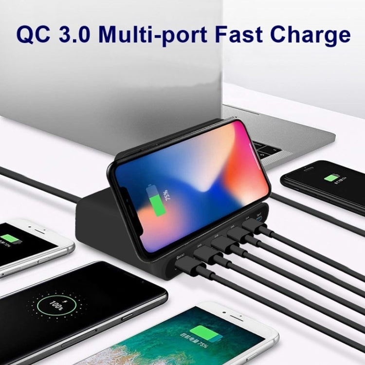 828W 7 in 1 60W QC 3.0 USB Interface + 4 USB Ports + USB-C / Type-C Interface + Wireless Charging Multi-function Charger with Mobile Phone Holder Function, UK Plug(White) - Multifunction Charger by PMC Jewellery | Online Shopping South Africa | PMC Jewellery | Buy Now Pay Later Mobicred