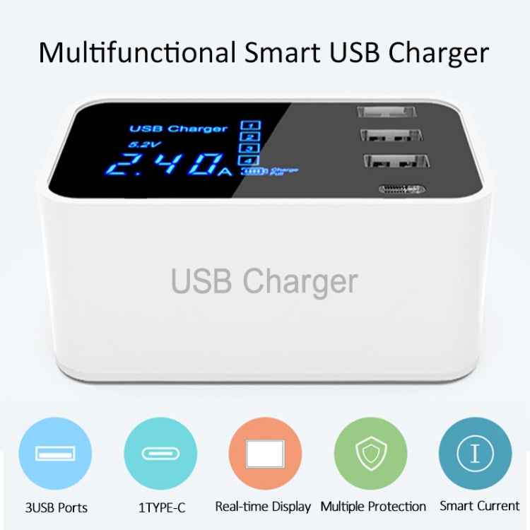 CDA30 20W 3 USB Ports + USB-C / Type-C Ports Multi-function Charger with LED Display, UK Plug - Multifunction Charger by PMC Jewellery | Online Shopping South Africa | PMC Jewellery | Buy Now Pay Later Mobicred