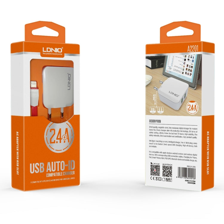 LDNIO A2201 2.4A Dual USB Charging Head Travel Direct Charge Mobile Phone Adapter Charger With 8 Pin Data Cable(EU Plug) - free shipping - PMC Jewellery - Order now!