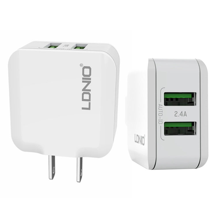 LDNIO A2201 2.4A Dual USB Charging Head Travel Direct Charge Mobile Phone Adapter Charger With 8 Pin Data Cable (US Plug) - USB Charger by LDNIO | Online Shopping South Africa | PMC Jewellery | Buy Now Pay Later Mobicred