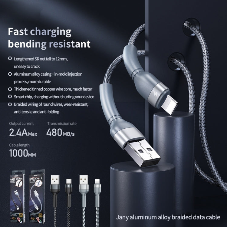 REMAX RC-124i 1m 2.4A USB to 8 Pin Aluminum Alloy Braid Fast Charging Data Cable for iPhone, iPad(Silver) - Normal Style Cable by REMAX | Online Shopping South Africa | PMC Jewellery | Buy Now Pay Later Mobicred