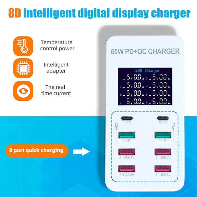 A8T 60W 8 Ports USB + QC3.0 + PD Type-C Smart Charging Station with Digital Display AC100-240V, US Plug - Multifunction Charger by PMC Jewellery | Online Shopping South Africa | PMC Jewellery | Buy Now Pay Later Mobicred