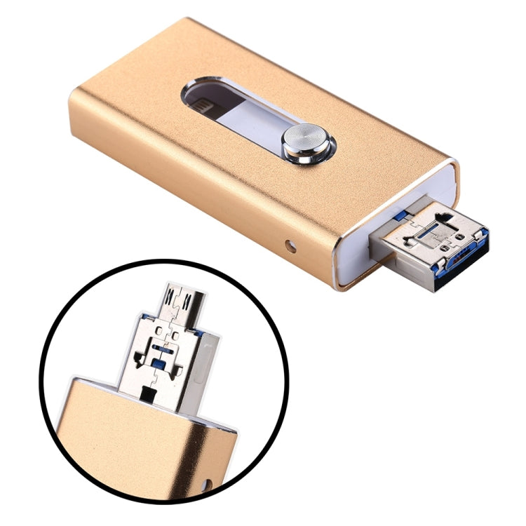 RQW-02  3 in 1 USB 2.0 & 8 Pin & Micro USB 16GB Flash Drive(Gold) - U Disk & Card Reader by PMC Jewellery | Online Shopping South Africa | PMC Jewellery | Buy Now Pay Later Mobicred