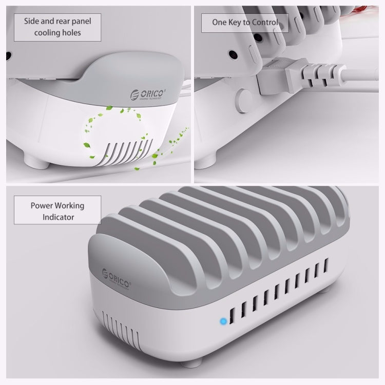 ORICO DUK-10P 120W 10 USB Ports Smart Charging Station with Phone & Tablet Stand, EU Plug(White) - Multifunction Charger by ORICO | Online Shopping South Africa | PMC Jewellery | Buy Now Pay Later Mobicred