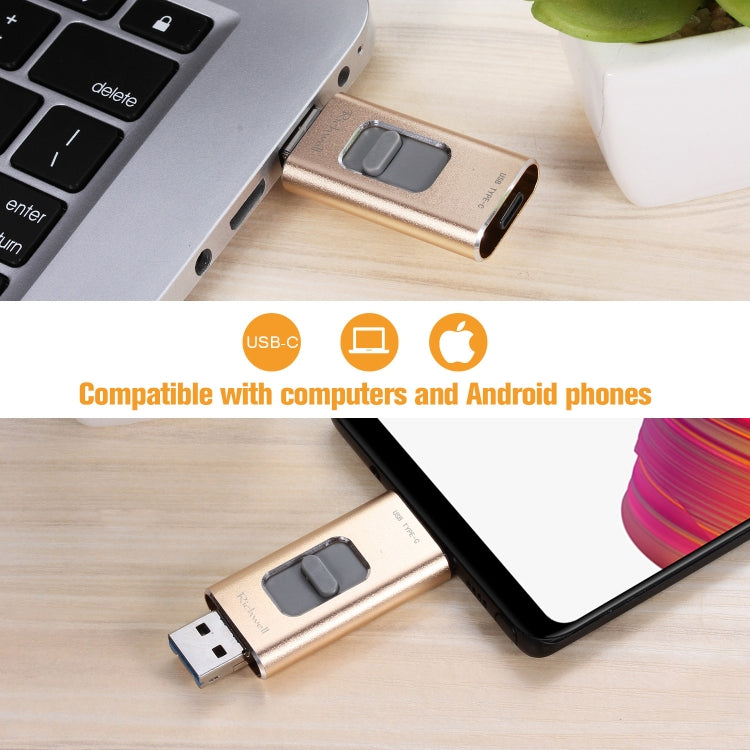 Richwell 3 in 1 128G Type-C + 8 Pin + USB 3.0 Metal Push-pull Flash Disk with OTG Function(Gold) - U Disk & Card Reader by Richwell | Online Shopping South Africa | PMC Jewellery | Buy Now Pay Later Mobicred