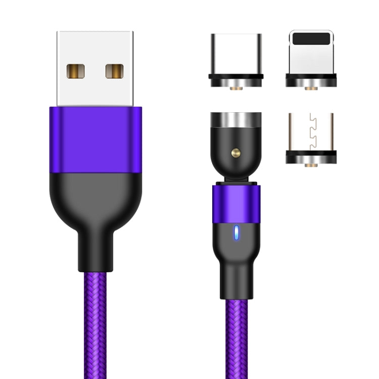 2m 2A Output 3 in 1 USB to 8 Pin + USB-C / Type-C + Micro USB Nylon Braided Rotate Magnetic Charging Cable (Purple) - Charging Cable & Head by PMC Jewellery | Online Shopping South Africa | PMC Jewellery | Buy Now Pay Later Mobicred