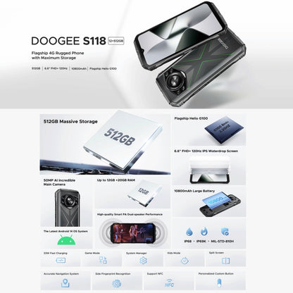 DOOGEE S118 Rugged Phone, 12GB+512GB, 6.58 inch Android 14 MediaTek Helio G99 Octa Core, Network: 4G, OTG, NFC (Black Green) - DOOGEE by DOOGEE | Online Shopping South Africa | PMC Jewellery | Buy Now Pay Later Mobicred