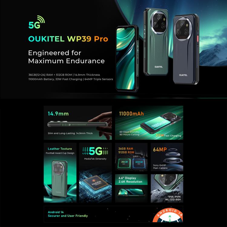 Oukitel WP39 Pro 5G Rugged Phone, 12GB+512GB, Night Vision, Fingerprint Identification, 6.6 inch Android 14 MediaTek Dimensity 6300 Octa Core, NFC, OTG, Network: 5G (Green) - free shipping - PMc TechLife - Order now!