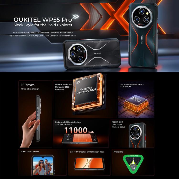 Oukitel WP55 Pro 5G Rugged Phone, 16GB+512GB, 108MP Camera, Fingerprint Identification, 6.6 inch Android 15 MediaTek Dimensity 7025 Octa Core, NFC, OTG, Network: 5G (Black) - free shipping - PMC TechLife - Order now!