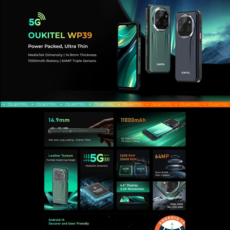 Oukitel WP39 5G Rugged Phone, 6GB+256GB, Night Vision, Fingerprint Identification, 6.6 inch MediaTek Dimensity 6100+ Octa Core, NFC, OTG, Network: 5G (Black) - OUKITEL by OUKITEL | Online Shopping South Africa | PMC Jewellery | Buy Now Pay Later Mobicred