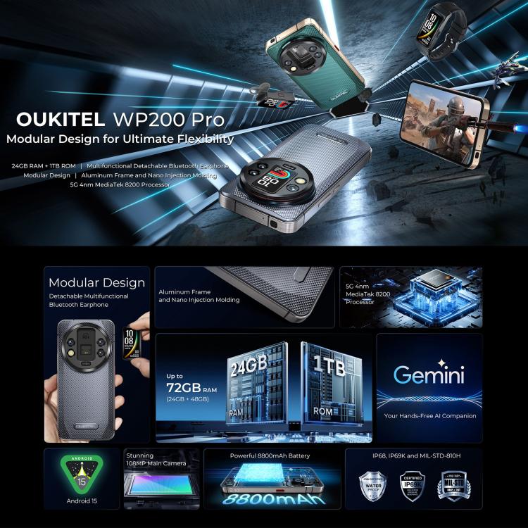 Oukitel WP200 Pro 5G Rugged Phone, 24GB+1TB, Screen Fingerprint, 6.7 inch Android 15.0 MTK Dimensity 8200 Octa-Core, NFC, OTG, Network: 5G (Grey) - free shipping - PMC TechLife - Order now!