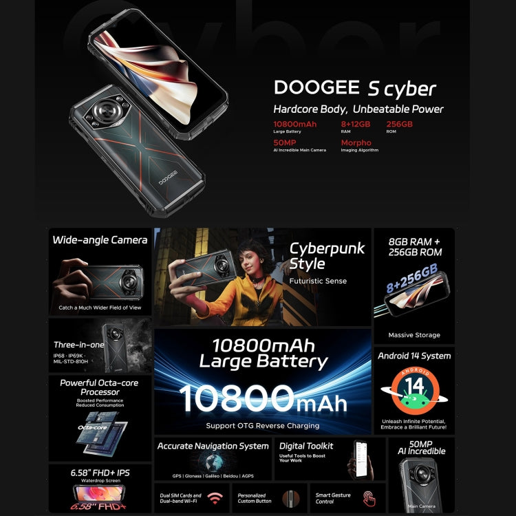 DOOGEE S Cyber, 8GB+256GB, 6.58 inch Android 14 Spreadtrum T606 Octa Core, Network: 4G, OTG, NFC (Black Silver) - DOOGEE by DOOGEE | Online Shopping South Africa | PMC Jewellery | Buy Now Pay Later Mobicred