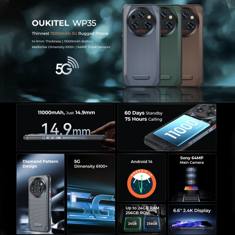 [HK Warehouse] Oukitel WP35 5G Rugged Phone, 8GB+256GB, IP68/IP69K Fingerprint Identification, 11000mAh, 6.6 inch MediaTek Dimensity 6100+ Octa Core, NFC, OTG, Network: 5G (Grey) - Other by OUKITEL | Online Shopping South Africa | PMC Jewellery | Buy Now Pay Later Mobicred