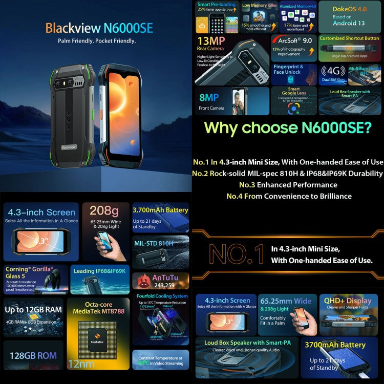[HK Warehouse] Blackview N6000SE, IP68/IP69K/MIL-STD-810H, 4GB+128GB, 4.3 inch Android 13 MediaTek MT8788 Octa Core, Network: 4G, OTG, NFC (Orange) - Blackview by Blackview | Online Shopping South Africa | PMC Jewellery | Buy Now Pay Later Mobicred
