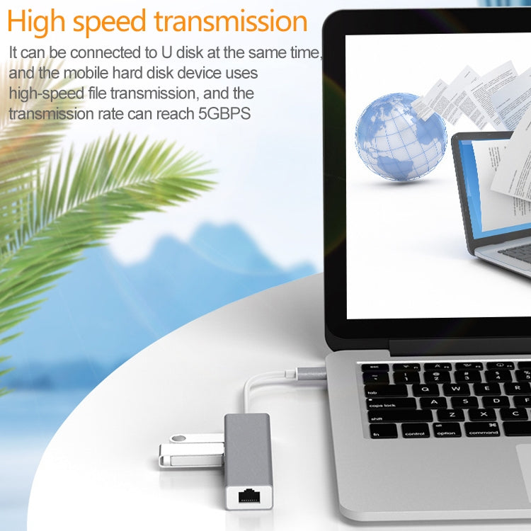 USB-C / Type-C to Fast Ethernet RJ45 & 3 x USB 3.0 Adapter Converter HUB(Grey) - free shipping - PMC Jewellery - Order now!