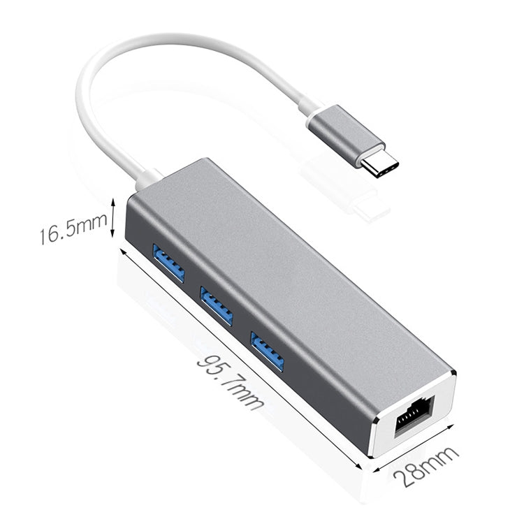 USB-C / Type-C to Gigabit Ethernet RJ45 & 3 x USB 3.0 Adapter Converter HUB, Computer External Tablet Phone Universal(Silver) - USB HUB by PMC Jewellery | Online Shopping South Africa | PMC Jewellery | Buy Now Pay Later Mobicred