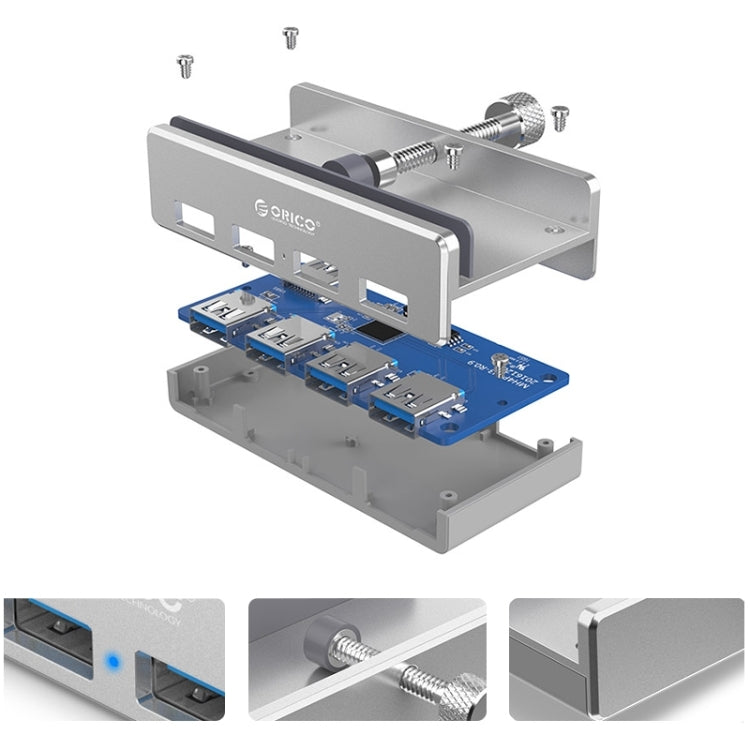 ORICO MH4PU Aluminum Alloy 4 Ports USB 3.0 Clip-type HUB with 1m USB Cable, Clip Width Range: 10-32mm(Black) - USB 3.0 HUB by ORICO | Online Shopping South Africa | PMC Jewellery | Buy Now Pay Later Mobicred