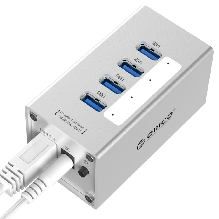 ORICO A3H4 Aluminum High Speed 4 Ports USB 3.0 HUB with 12V/2.5A Power Supply for Laptops(Silver) - USB 3.0 HUB by ORICO | Online Shopping South Africa | PMC Jewellery | Buy Now Pay Later Mobicred