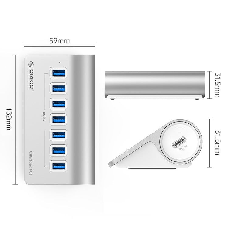 ORICO M3U7-G2 Aluminum Alloy 7-Port USB 3.2 Gen2 10Gbps HUB with 0.5m Cable (Silver) - free shipping - PMC Jewellery - Order now!