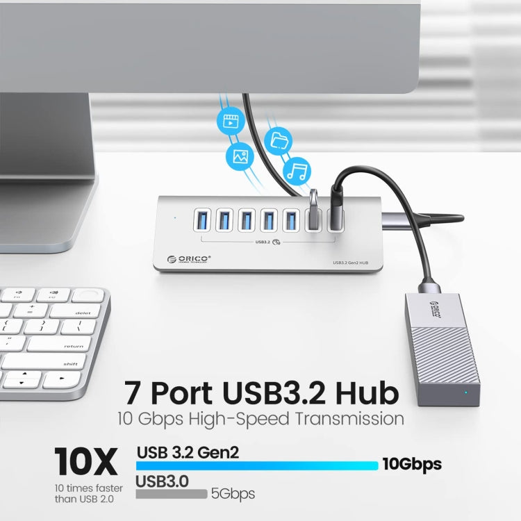 ORICO M3U7-G2 Aluminum Alloy 7-Port USB 3.2 Gen2 10Gbps HUB with 0.5m Cable (Silver) - free shipping - PMC Jewellery - Order now!
