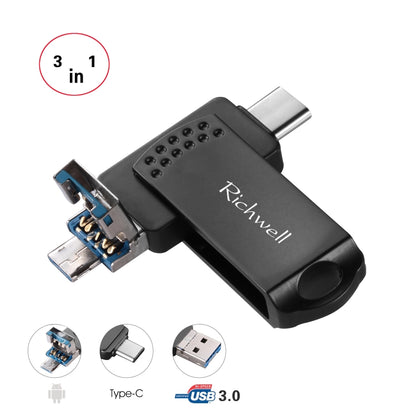 Richwell 3 in 1 16G Type-C + Micro USB + USB 3.0 Metal Flash Disk with OTG Function(Black) - U Disk & Card Reader by Richwell | Online Shopping South Africa | PMC Jewellery | Buy Now Pay Later Mobicred